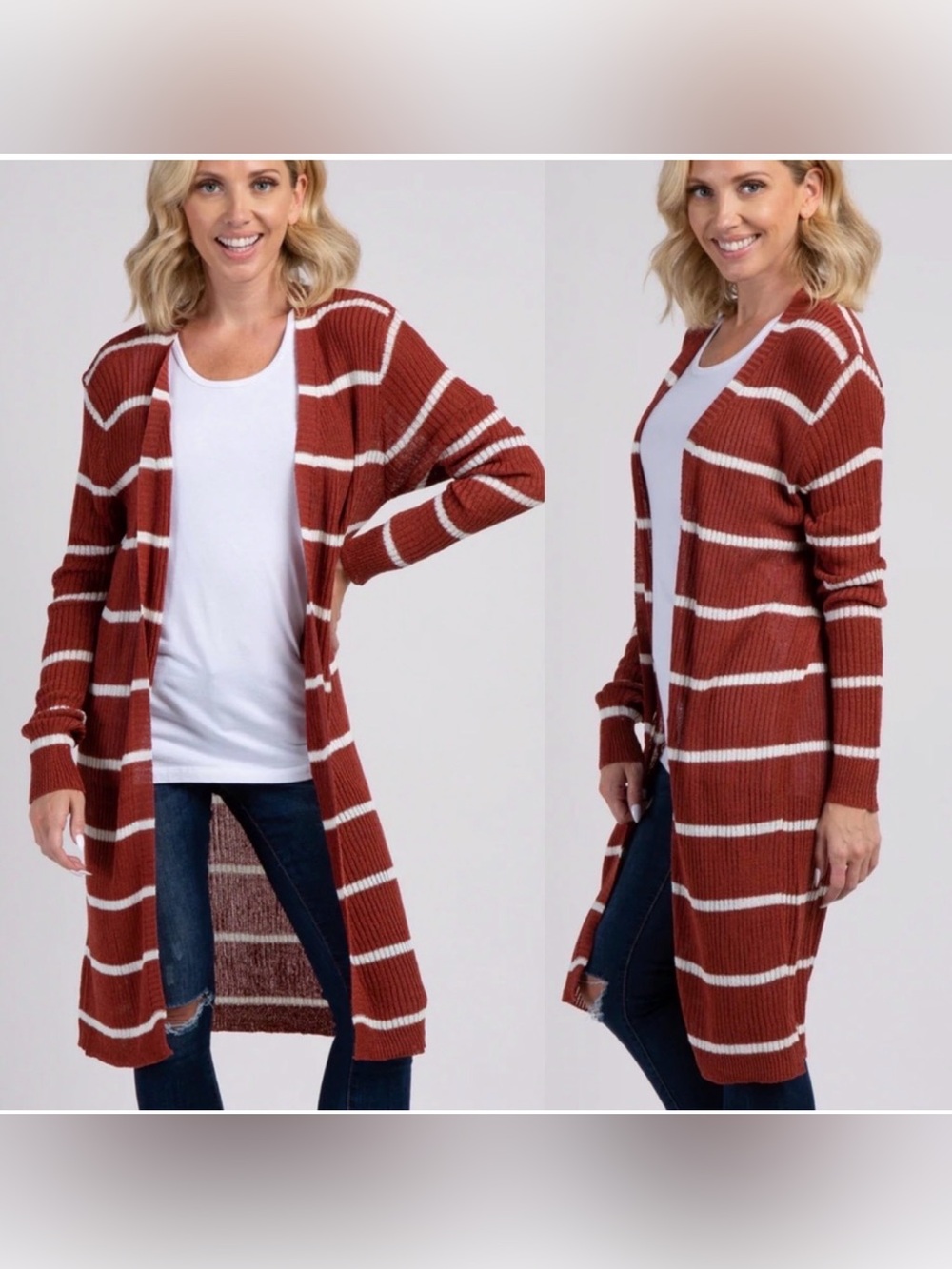 Doe & Rae striped duster open cardigan rust red and white size large